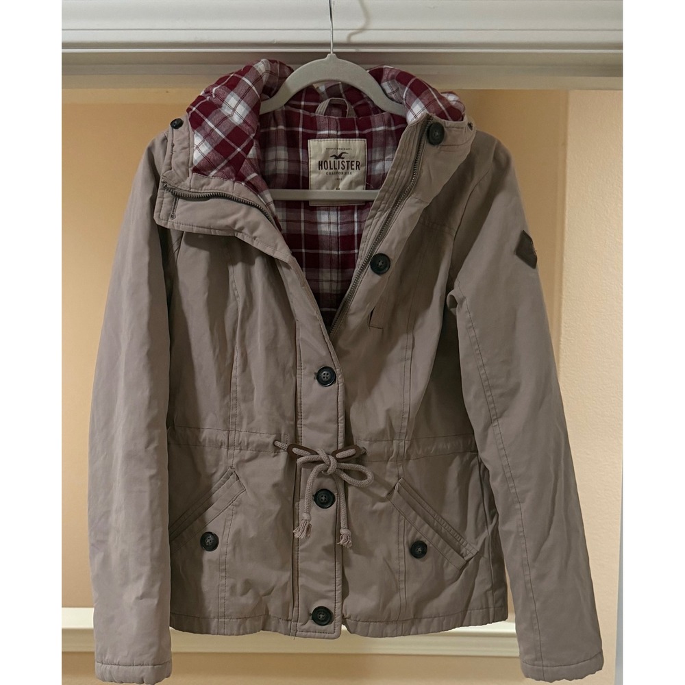 Hollister Hooded Utility Anorak Jacket Plaid Lined Drawstring Taupe Y2K Womens M